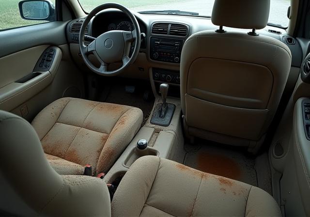 The dirty interior of an SUV with stained seats and dusty surfaces.