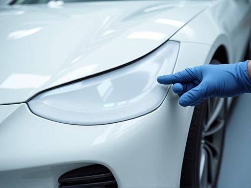 Applying a clear paint protection film to the front bumper of a white car.